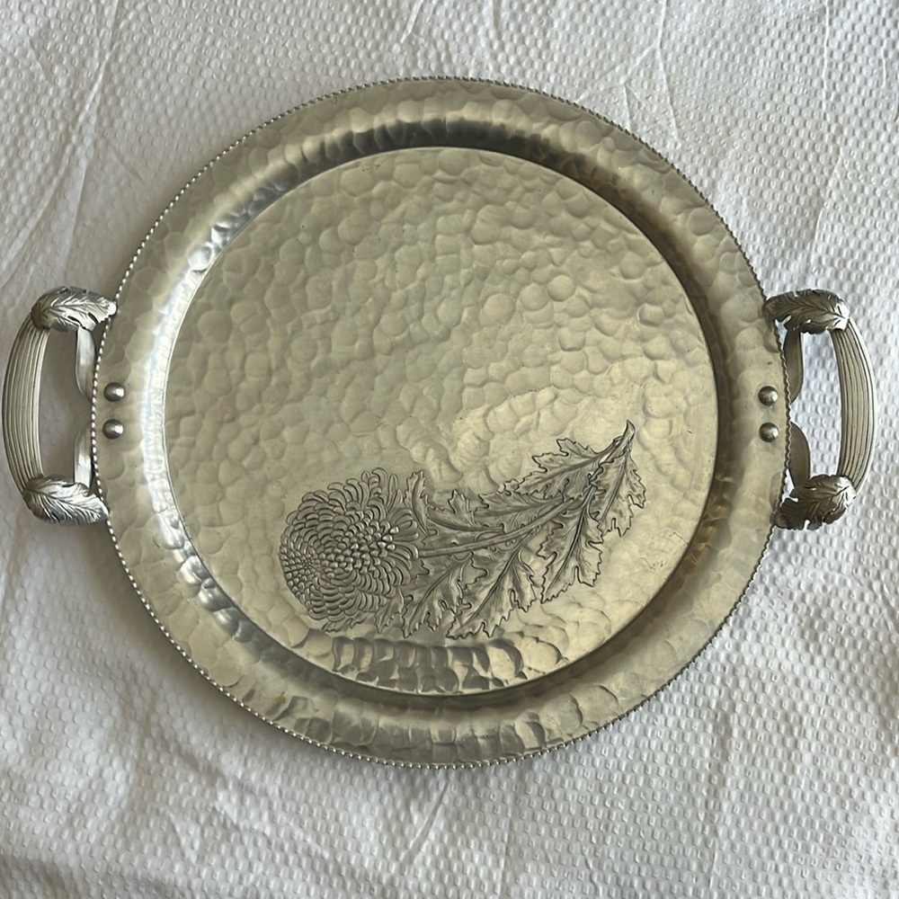 Vintage round hammered aluminum serving tray
